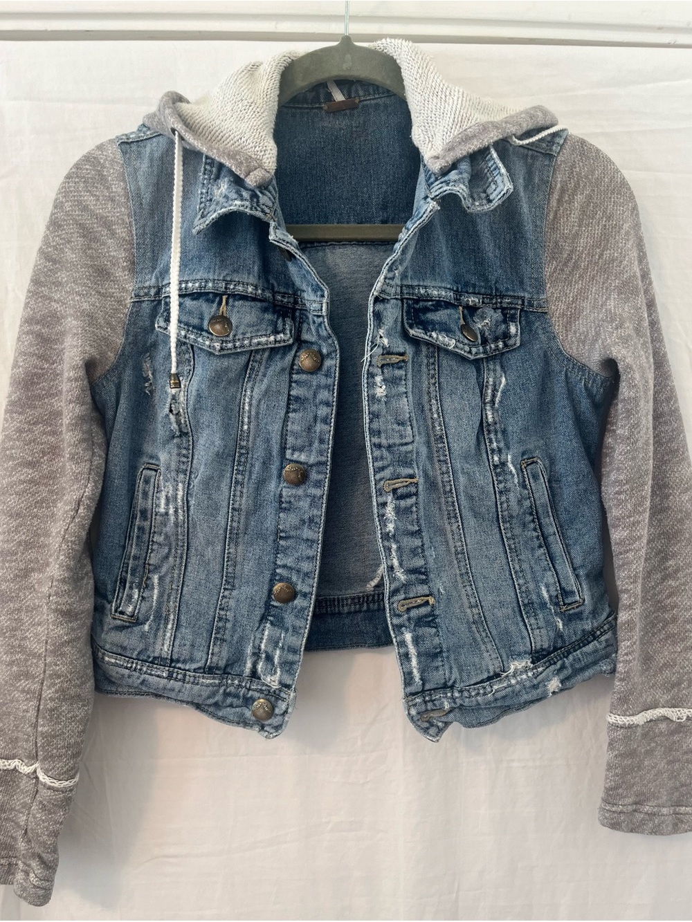 Free People Blue Denim Jean Jacket with Gray Knit Hoodie Sleeves